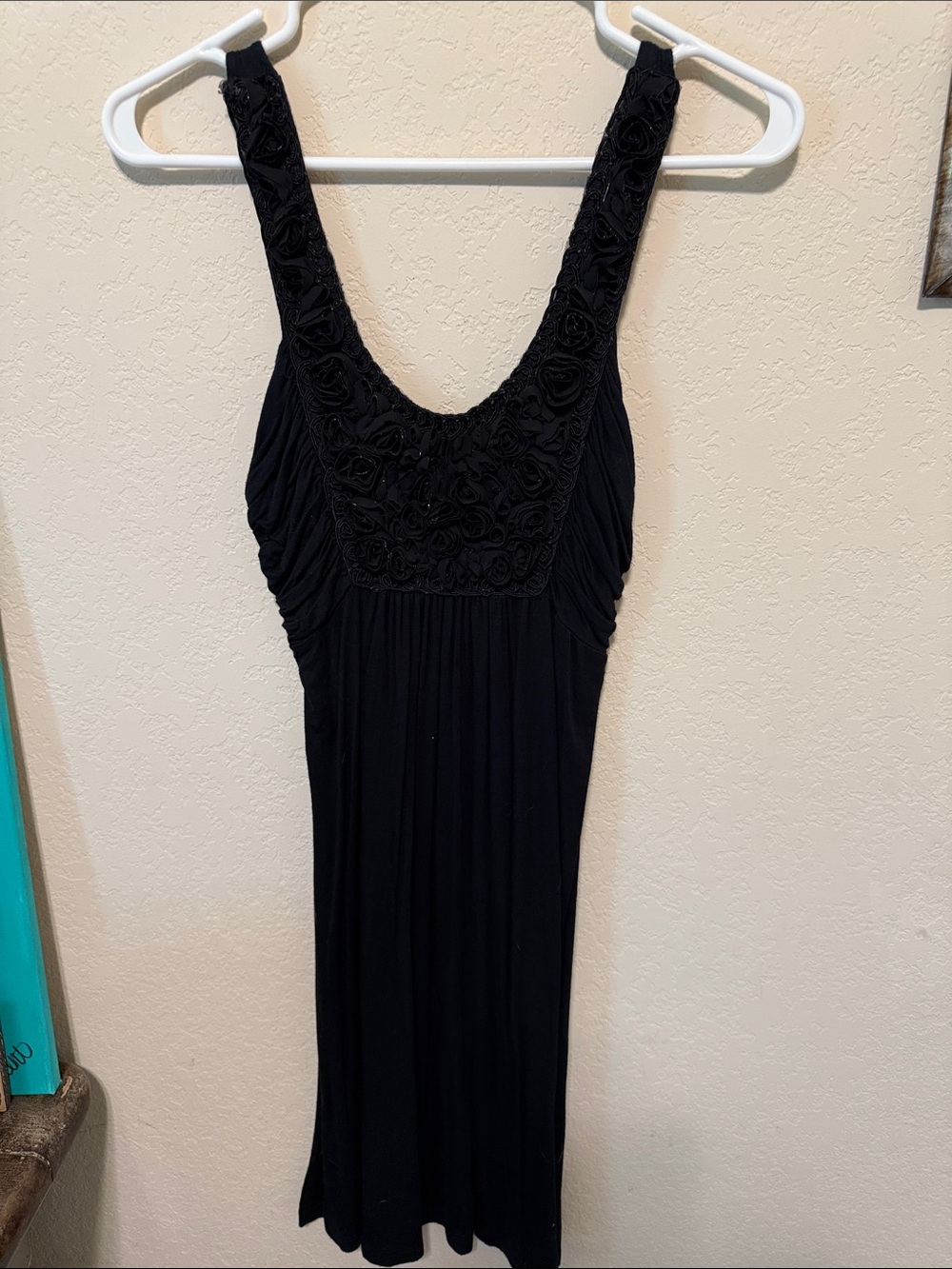 Soprano Black Scoop Neck Midi Dress with Floral Appliqué